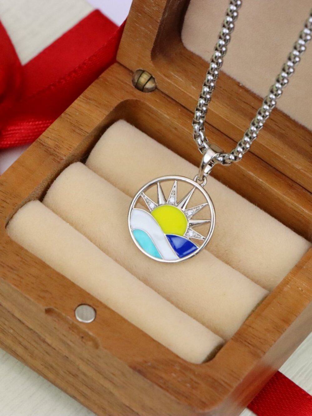 Round Silver Pendant with Colorful Sun and Wave Enamel Design, XPPT1867 - Picture 9 of 11